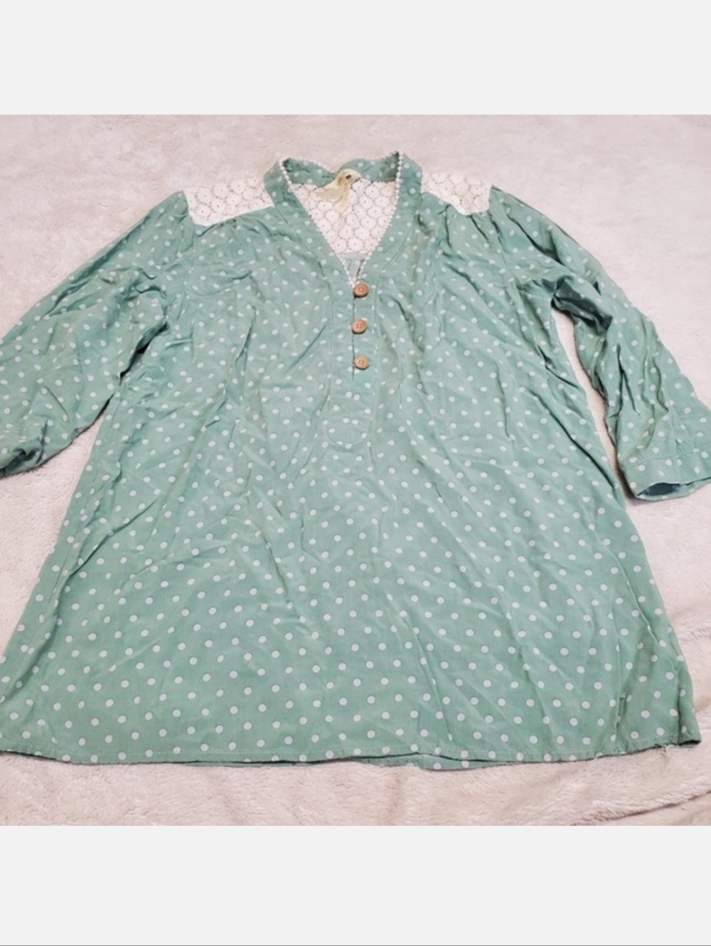 Matilda Jane Seafoam Green Polka Dot‎ White Lace Tunic Blouse Women Medium